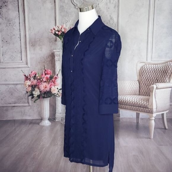 LAUNDRY by Shelli Segal Blue Embroidered Collared Long Sleeve Shirt Dress Size 2 - Picture 4 of 12